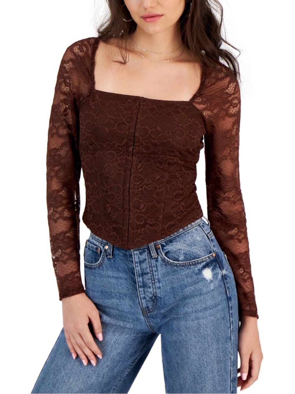 Madden Girl Brown Lace Square-Neck Long Sleeve Top